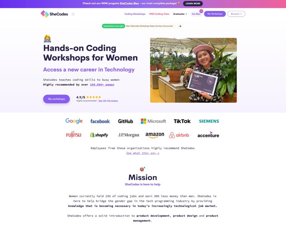 screenshot of shecodes landing page