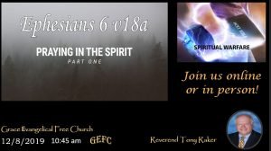 This image features an announcement for a church event focused on "Praying in the Spirit," with an invitation to join online or in person and the date and time.