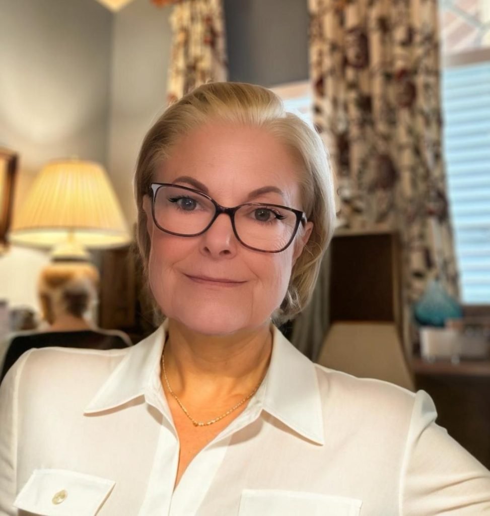 A person with glasses and blonde hair, wearing a white shirt, smiles at the camera in a room with traditional decor and a lamp in the background.