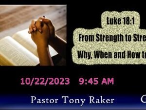 The image shows hands clasped in prayer over an open book, likely a Bible, with a religious message and service details, including a date and time.