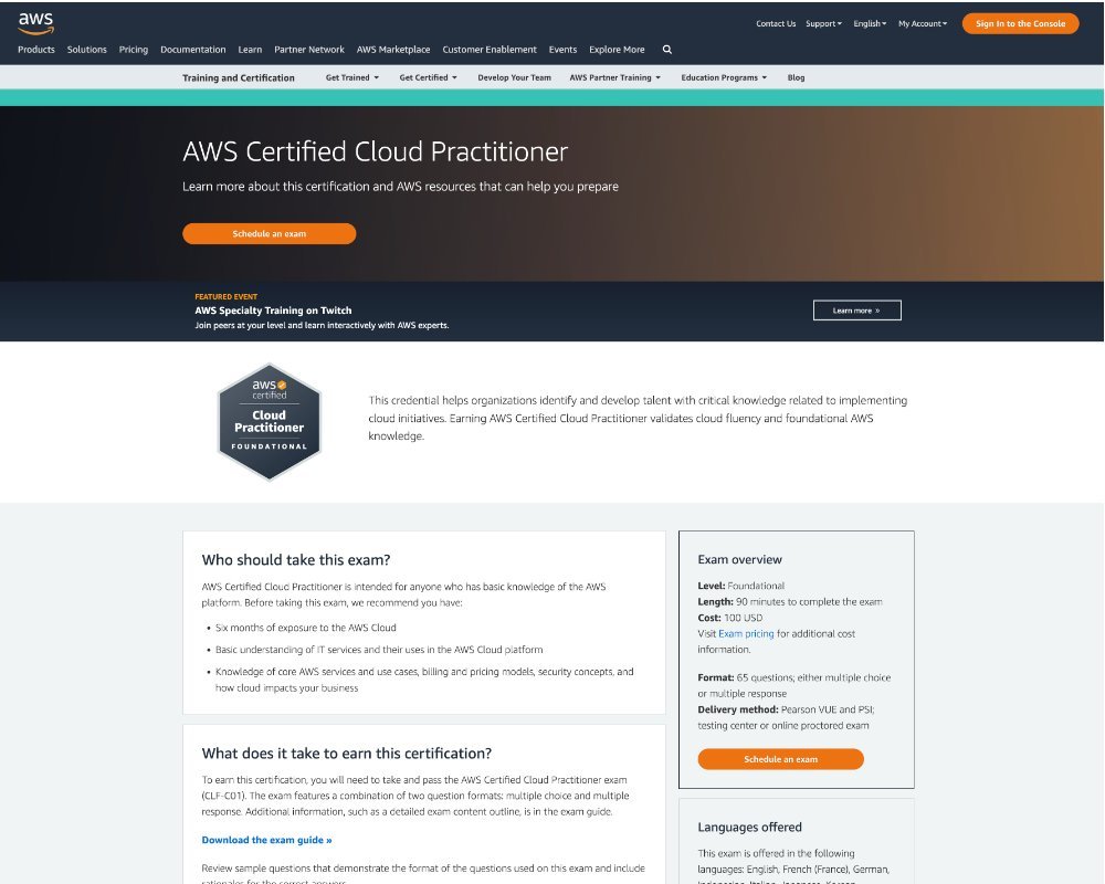 screenshot of amazon web services cloud practitioner certification landing page