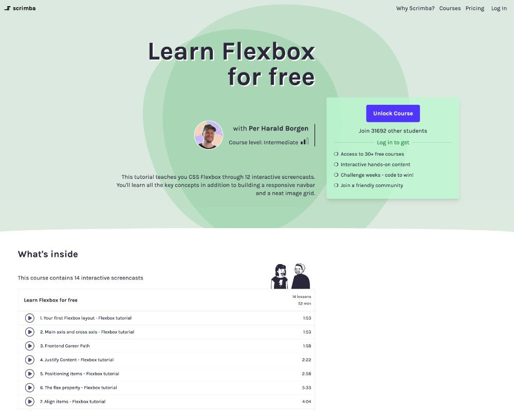 screenshot of scrimba flex box course landing page